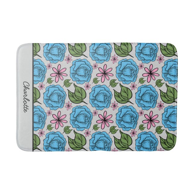 Floral seamless pattern blue & pink personalised  bath mat (Front)