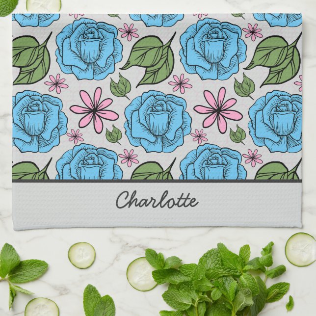 Floral seamless pattern blue & pink personalised  tea towel (Folded)