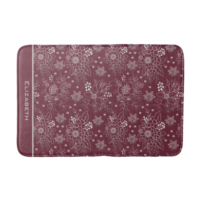 Floral seamless pattern burgundy personalised name bath mat (Front)