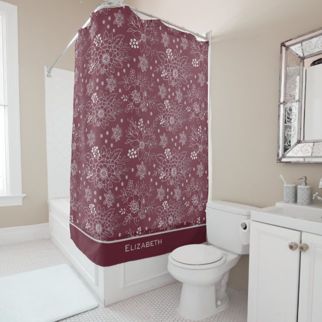 Floral seamless pattern burgundy personalised name shower curtain (In Situ)