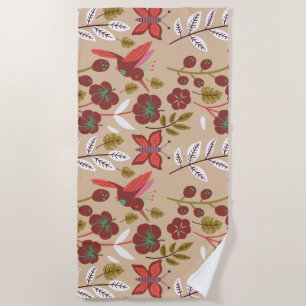Floral seamless pattern flowers, birds, butterfly beach towel