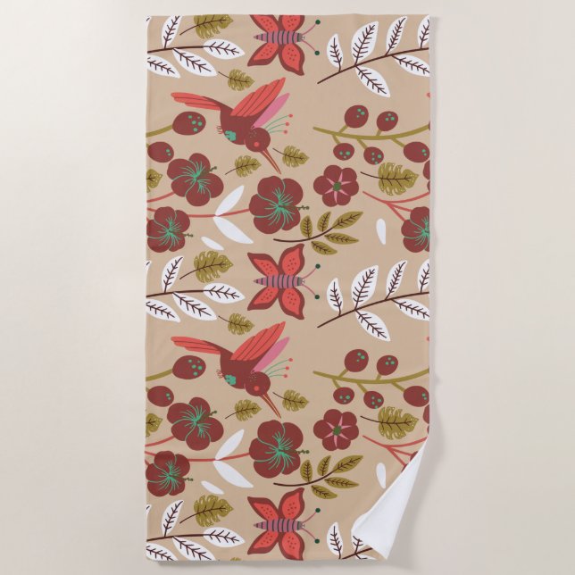 Floral seamless pattern flowers, birds, butterfly beach towel (Front)
