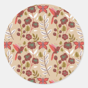 Floral seamless pattern flowers, birds, butterfly classic round sticker