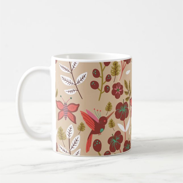 Floral seamless pattern flowers, birds, butterfly coffee mug (Left)