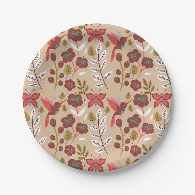 Floral seamless pattern flowers, birds, butterfly paper plate (Front)