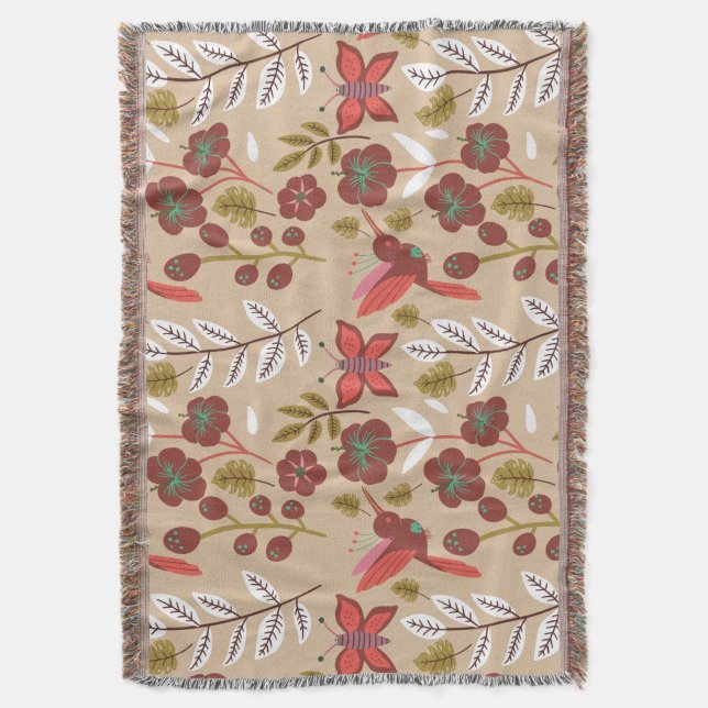 Floral seamless pattern flowers, birds, butterfly throw blanket (Front Vertical)