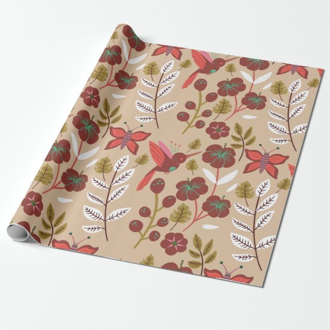 Floral seamless pattern flowers, birds, butterfly wrapping paper (Unrolled)