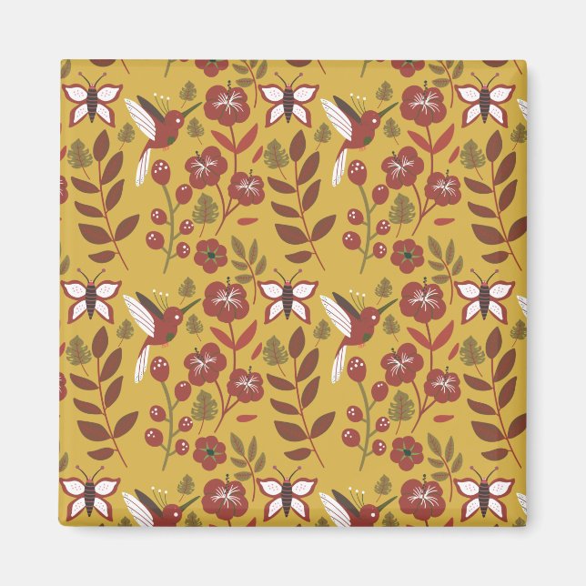 Floral seamless pattern flowers, butterfly, red magnet (Front)