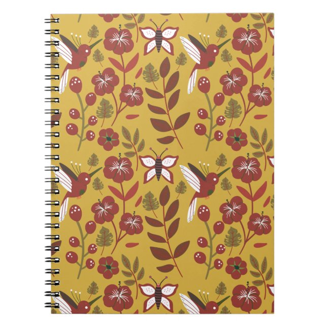 Floral seamless pattern flowers, butterfly, red notebook (Front)