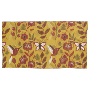 Floral seamless pattern flowers, butterfly, red pillowcase
