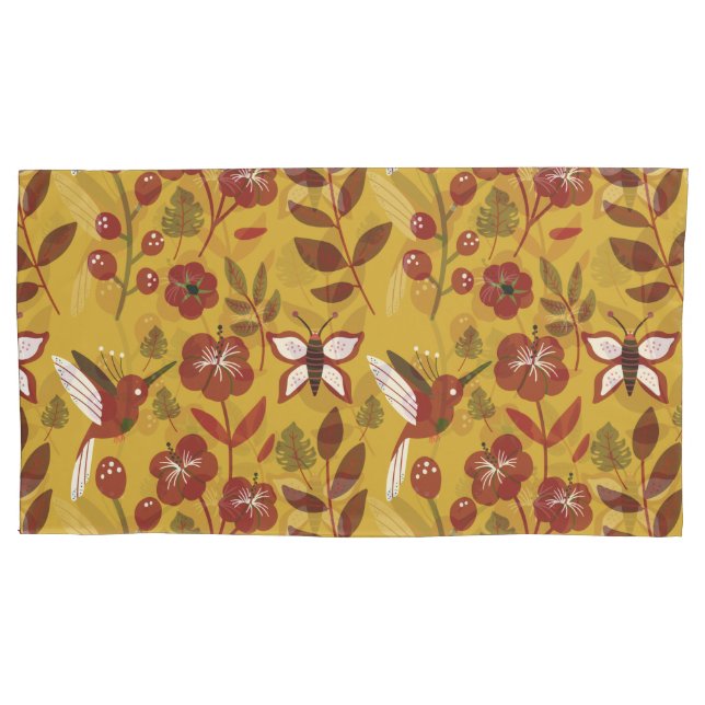Floral seamless pattern flowers, butterfly, red pillowcase (Front-Left)