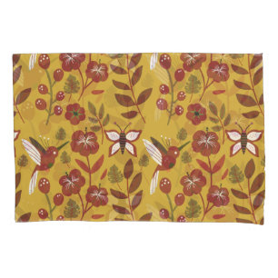 Floral seamless pattern flowers, butterfly, red pillowcase