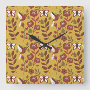 Floral seamless pattern flowers, butterfly, red square wall clock