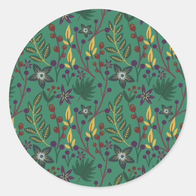 Floral seamless pattern flowers green background classic round sticker (Front)