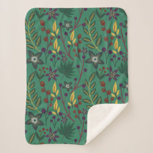 Floral seamless pattern flowers green background sherpa blanket
