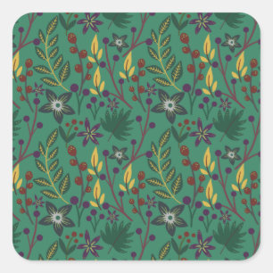 Floral seamless pattern flowers green background square sticker