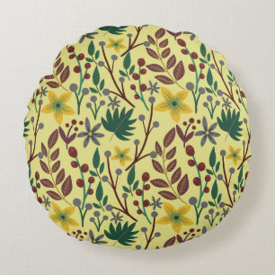 Floral seamless pattern flowers, leaves, branches round cushion