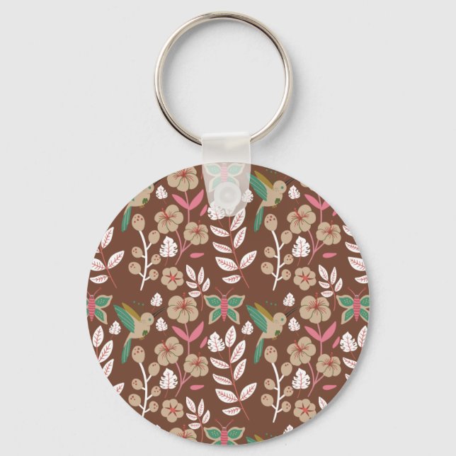 Floral seamless pattern flowers, leaves, butterfly key ring (Front)
