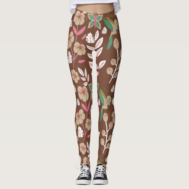 Floral seamless pattern flowers, leaves, butterfly leggings (Front)