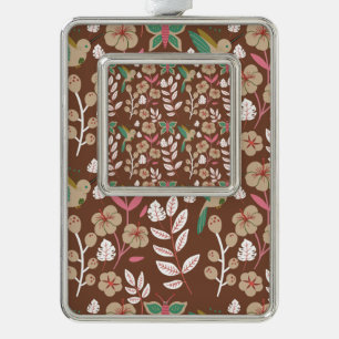 Floral seamless pattern flowers, leaves, butterfly silver plated framed ornament