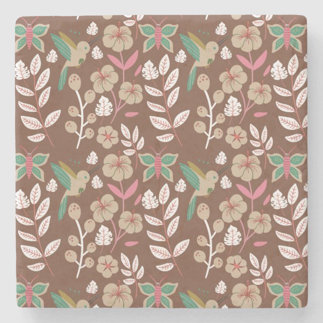 Floral seamless pattern flowers, leaves, butterfly stone coaster (Front)