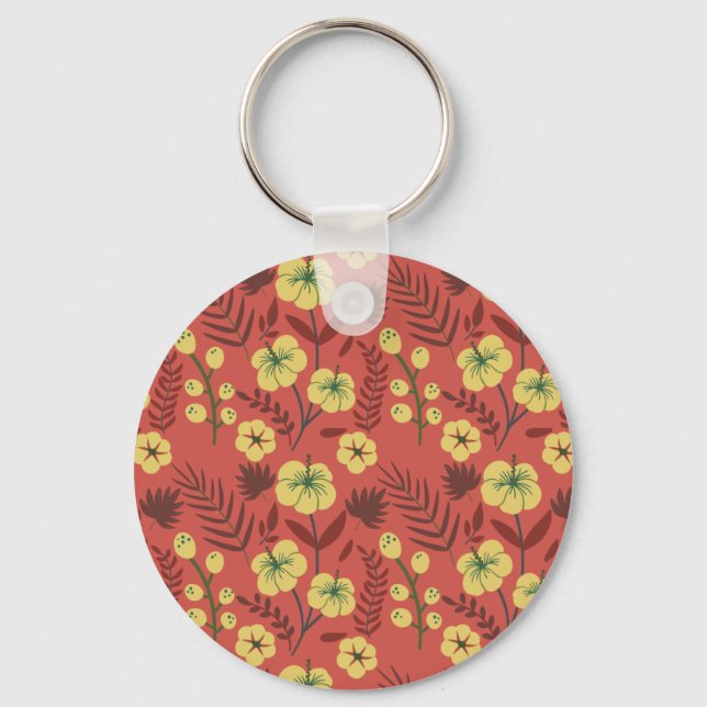 Floral seamless pattern flowers yellow and red key ring (Front)