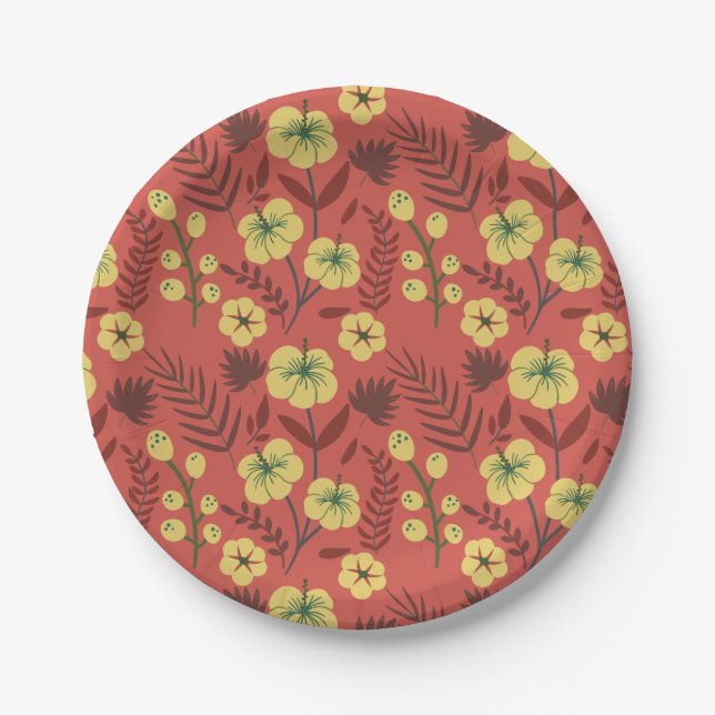 Floral seamless pattern flowers yellow and red paper plate (Front)