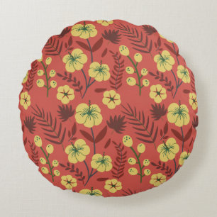 Floral seamless pattern flowers yellow and red round cushion