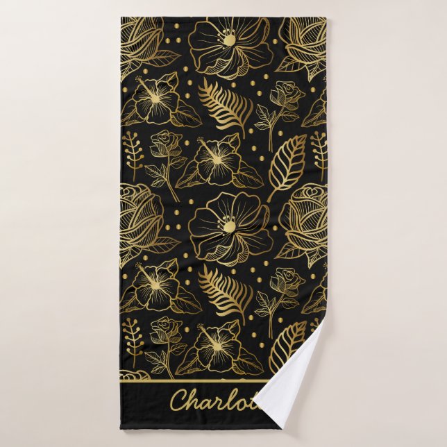 Floral seamless pattern gold personalised name  bath towel (Bath Towel)