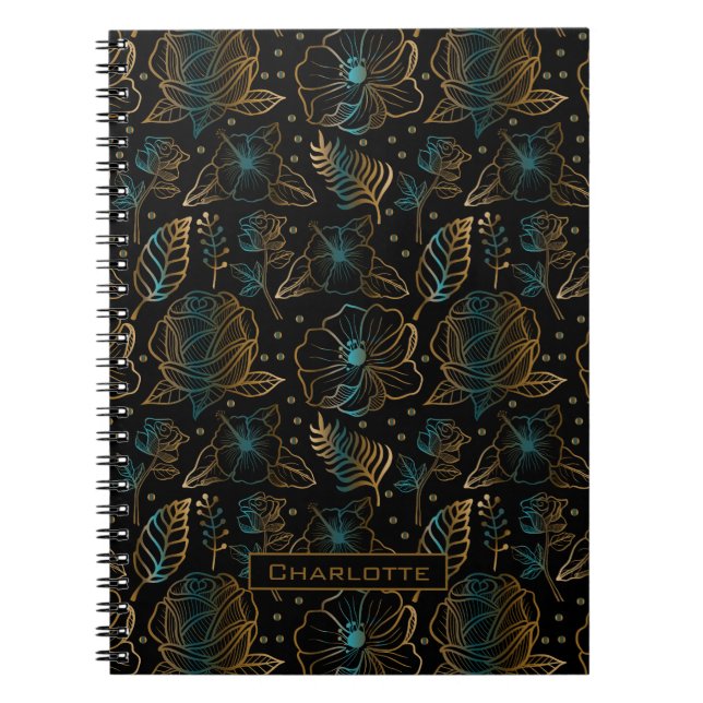 Floral seamless pattern gold personalised name notebook (Front)