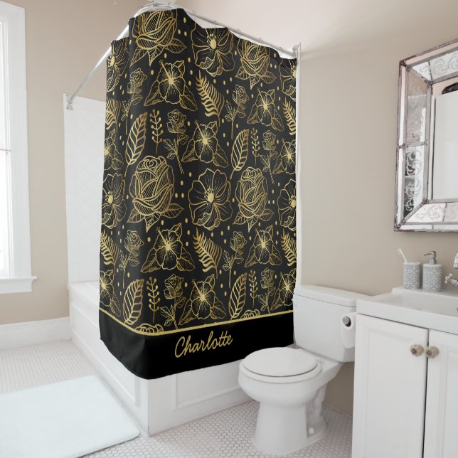 Floral seamless pattern gold personalised name shower curtain (In Situ)