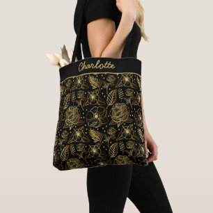 Floral seamless pattern gold personalised name tote bag