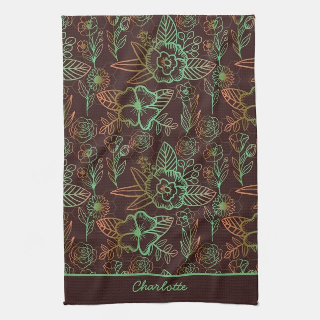 Floral seamless pattern greenery personalised name tea towel (Vertical)