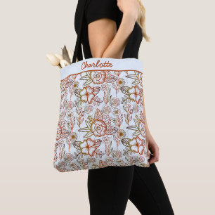 Floral seamless pattern orange personalised name tote bag