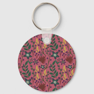 Floral seamless pattern pink flowers leaves branch key ring