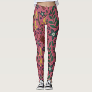 Floral seamless pattern pink flowers leaves branch leggings