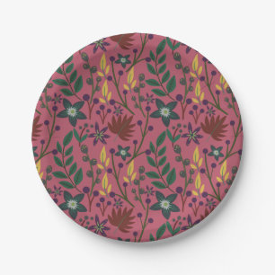 Floral seamless pattern pink flowers leaves branch paper plate