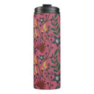 Floral seamless pattern pink flowers leaves branch thermal tumbler