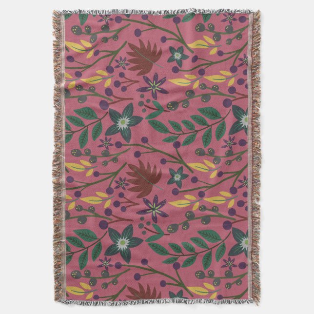 Floral seamless pattern pink flowers leaves branch throw blanket (Front Vertical)