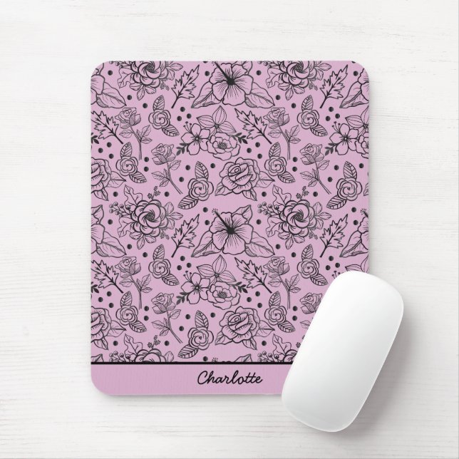 Floral seamless pattern purple personalised name mouse mat (With Mouse)