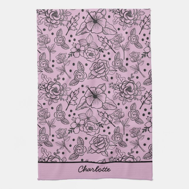 Floral seamless pattern purple personalised name  tea towel (Vertical)