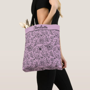 Floral seamless pattern purple personalised name tote bag