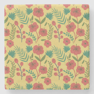 Floral seamless pattern red yellow green flowers stone coaster