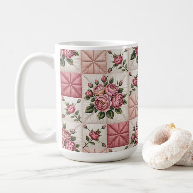  Floral Seamless Pattern, Roes Seamless Pattern Coffee Mug (With Donut)