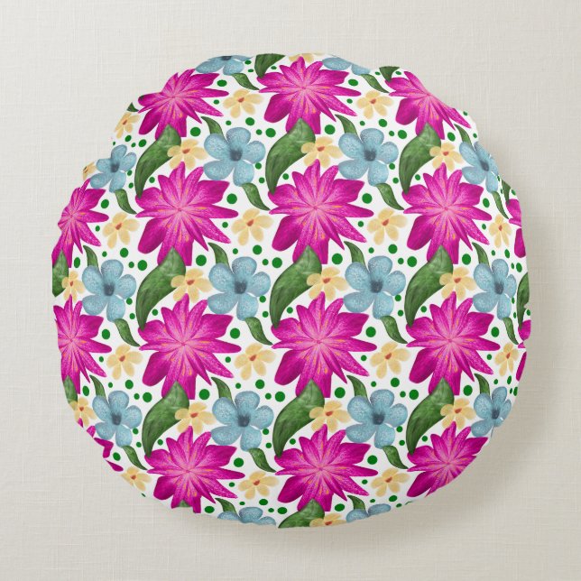 Floral Seamless Pattern | Watercolor Flower Repeat Round Cushion (Front)