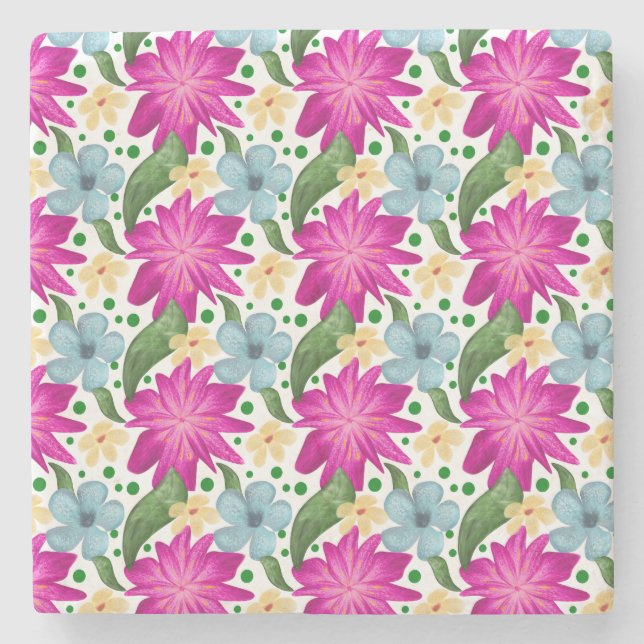 Floral Seamless Pattern | Watercolor Flower Repeat Stone Coaster (Front)