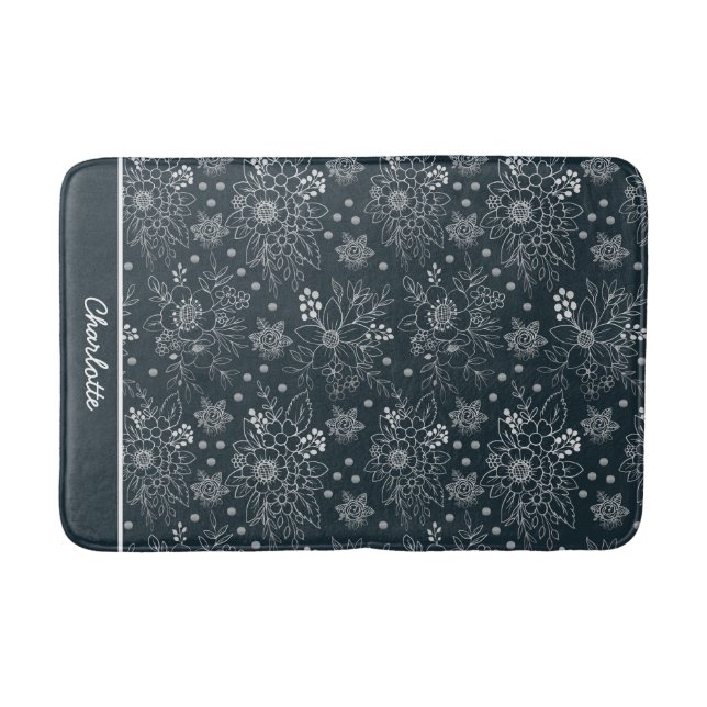 Floral seamless pattern white on dark personalised bath mat (Front)