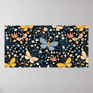 Floral seamless pattern with butterflies,  hand dr poster