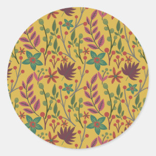 Floral seamless pattern yellow flowers and leaves classic round sticker
