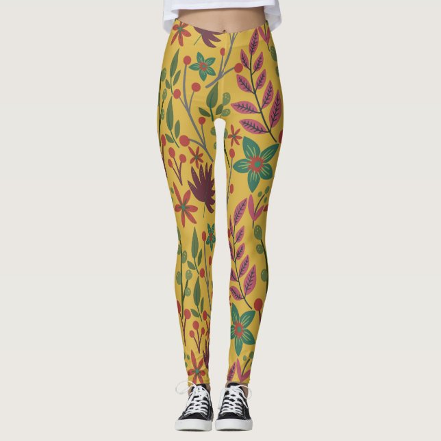 Floral seamless pattern yellow flowers and leaves leggings (Front)